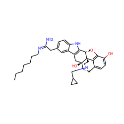 CCCCCCC/N=C(/N)Cc1ccc2[nH]c3c(c2c1)C[C@@]1(O)[C@H]2Cc4ccc(O)c5c4[C@@]1(CCN2CC1CC1)[C@H]3O5 ZINC000038156981