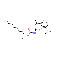 CCCCCCC[C@@H](C)OC(=O)NC(=O)Oc1c(C(C)C)cccc1C(C)C ZINC000014263375