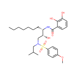 CCCCCCC[C@H](NC(=O)c1cccc(O)c1O)[C@H](O)CN(CC(C)C)S(=O)(=O)c1ccc(OC)cc1 ZINC000014946391