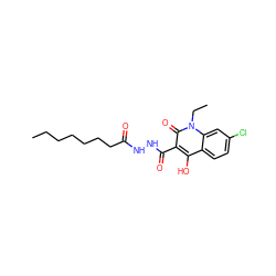 CCCCCCCC(=O)NNC(=O)c1c(O)c2ccc(Cl)cc2n(CC)c1=O ZINC000205286248