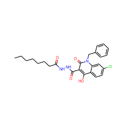 CCCCCCCC(=O)NNC(=O)c1c(O)c2ccc(Cl)cc2n(Cc2ccccc2)c1=O ZINC000205288022