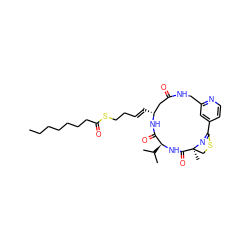 CCCCCCCC(=O)SCC/C=C/[C@@H]1CC(=O)NCc2cc(ccn2)C2=N[C@@](C)(CS2)C(=O)N[C@@H](C(C)C)C(=O)N1 ZINC000473108560