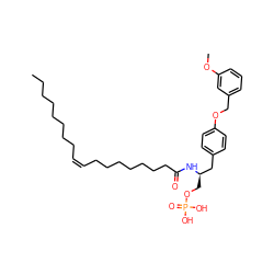 CCCCCCCC/C=C\CCCCCCCC(=O)N[C@H](COP(=O)(O)O)Cc1ccc(OCc2cccc(OC)c2)cc1 ZINC000036178880