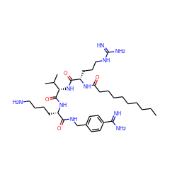 CCCCCCCCCC(=O)N[C@@H](CCCNC(=N)N)C(=O)N[C@H](C(=O)N[C@@H](CCCCN)C(=O)NCc1ccc(C(=N)N)cc1)C(C)C ZINC000049678012