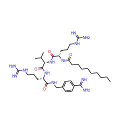 CCCCCCCCCC(=O)N[C@@H](CCCNC(=N)N)C(=O)N[C@H](C(=O)N[C@@H](CCCNC(=N)N)C(=O)NCc1ccc(C(=N)N)cc1)C(C)C ZINC000049678680