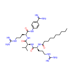 CCCCCCCCCC(=O)N[C@@H](CCCNC(=N)N)C(=O)N[C@H](C(=O)N[C@@H](CCCNC(=N)N)C(=O)Nc1ccc(C(=N)N)cc1)C(C)C ZINC000084655033