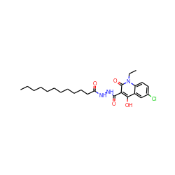 CCCCCCCCCCCC(=O)NNC(=O)c1c(O)c2cc(Cl)ccc2n(CC)c1=O ZINC000221580843