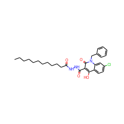 CCCCCCCCCCCC(=O)NNC(=O)c1c(O)c2ccc(Cl)cc2n(Cc2ccccc2)c1=O ZINC000205288038