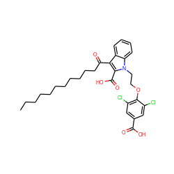 CCCCCCCCCCCC(=O)c1c(C(=O)O)n(CCOc2c(Cl)cc(C(=O)O)cc2Cl)c2ccccc12 ZINC000037858515