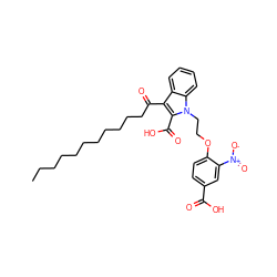 CCCCCCCCCCCC(=O)c1c(C(=O)O)n(CCOc2ccc(C(=O)O)cc2[N+](=O)[O-])c2ccccc12 ZINC000037858519