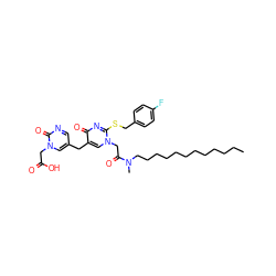 CCCCCCCCCCCCN(C)C(=O)Cn1cc(Cc2cnc(=O)n(CC(=O)O)c2)c(=O)nc1SCc1ccc(F)cc1 ZINC000014127972