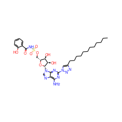 CCCCCCCCCCCCc1cn(-c2nc(N)c3ncn([C@@H]4O[C@H](COS(=O)(=O)NC(=O)c5ccccc5O)[C@@H](O)[C@H]4O)c3n2)nn1 ZINC000058519942