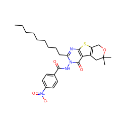 CCCCCCCCCc1nc2sc3c(c2c(=O)n1NC(=O)c1ccc([N+](=O)[O-])cc1)CC(C)(C)OC3 ZINC000008691402