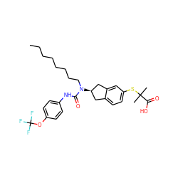 CCCCCCCCN(C(=O)Nc1ccc(OC(F)(F)F)cc1)[C@@H]1Cc2ccc(SC(C)(C)C(=O)O)cc2C1 ZINC000044093765