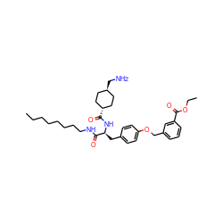 CCCCCCCCNC(=O)[C@H](Cc1ccc(OCc2cccc(C(=O)OCC)c2)cc1)NC(=O)[C@H]1CC[C@H](CN)CC1 ZINC000653760958