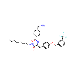 CCCCCCCCNC(=O)[C@H](Cc1ccc(OCc2cccc(C(F)(F)F)c2)cc1)NC(=O)[C@H]1CC[C@H](CN)CC1 ZINC000653761025