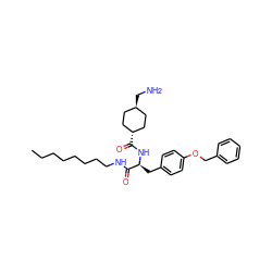 CCCCCCCCNC(=O)[C@H](Cc1ccc(OCc2ccccc2)cc1)NC(=O)[C@H]1CC[C@H](CN)CC1 ZINC000653760849