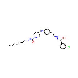 CCCCCCCCNC(=O)N1CCC(Nc2ccc(CCNC[C@H](O)c3cccc(Cl)c3)cc2)CC1 ZINC000038155215