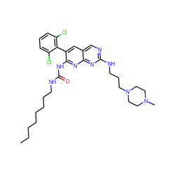 CCCCCCCCNC(=O)Nc1nc2nc(NCCCN3CCN(C)CC3)ncc2cc1-c1c(Cl)cccc1Cl ZINC000023357751