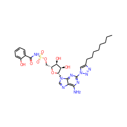 CCCCCCCCc1cn(-c2nc(N)c3ncn([C@@H]4O[C@H](COS(=O)(=O)NC(=O)c5ccccc5O)[C@@H](O)[C@H]4O)c3n2)nn1 ZINC000058511826