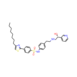 CCCCCCCCc1csc(-c2ccc(S(=O)(=O)Nc3ccc(CCNC[C@H](O)c4cccnc4)cc3)cc2)n1 ZINC000034801604