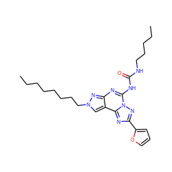 CCCCCCCCn1cc2c(nc(NC(=O)NCCCCC)n3nc(-c4ccco4)nc23)n1 ZINC000034800687