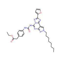 CCCCCCCCn1cc2c(nc(NC(=O)Nc3ccc(CC(=O)OCC)cc3)n3nc(-c4ccco4)nc23)n1 ZINC000034800689