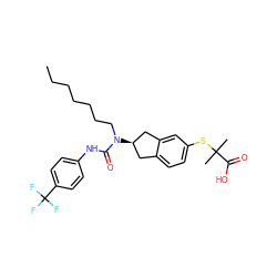 CCCCCCCN(C(=O)Nc1ccc(C(F)(F)F)cc1)[C@@H]1Cc2ccc(SC(C)(C)C(=O)O)cc2C1 ZINC000044093801