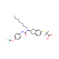 CCCCCCCN(C(=O)Nc1ccc(OC(F)(F)F)cc1)[C@@H]1Cc2ccc(SC(C)(C)C(=O)O)cc2C1 ZINC000043606240