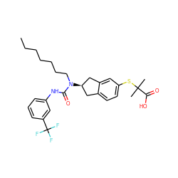 CCCCCCCN(C(=O)Nc1cccc(C(F)(F)F)c1)[C@@H]1Cc2ccc(SC(C)(C)C(=O)O)cc2C1 ZINC000043589917