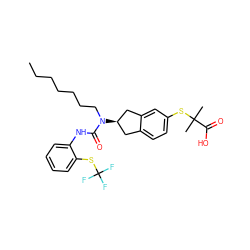 CCCCCCCN(C(=O)Nc1ccccc1SC(F)(F)F)[C@@H]1Cc2ccc(SC(C)(C)C(=O)O)cc2C1 ZINC000043606218