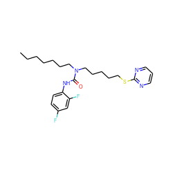 CCCCCCCN(CCCCCSc1ncccn1)C(=O)Nc1ccc(F)cc1F ZINC000036330918