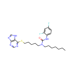 CCCCCCCN(CCCCCSc1ncnc2nc[nH]c12)C(=O)Nc1ccc(F)cc1F ZINC000036330908