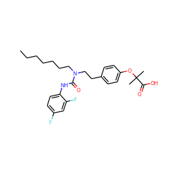 CCCCCCCN(CCc1ccc(OC(C)(C)C(=O)O)cc1)C(=O)Nc1ccc(F)cc1F ZINC000014262259