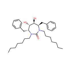 CCCCCCCN1C(=O)N(CCCCCCC)[C@H](Cc2ccccc2)[C@H](O)[C@@H](O)[C@H]1Cc1ccccc1 ZINC000014908001