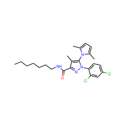 CCCCCCCNC(=O)c1nn(-c2ccc(Cl)cc2Cl)c(-n2c(C)ccc2C)c1C ZINC000066259891