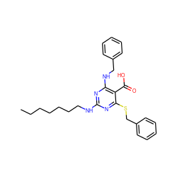 CCCCCCCNc1nc(NCc2ccccc2)c(C(=O)O)c(SCc2ccccc2)n1 ZINC000053312432