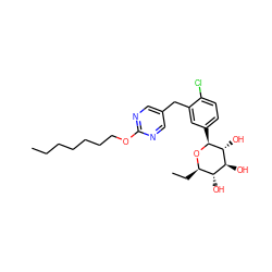 CCCCCCCOc1ncc(Cc2cc([C@@H]3O[C@H](CC)[C@@H](O)[C@H](O)[C@H]3O)ccc2Cl)cn1 ZINC000064573765