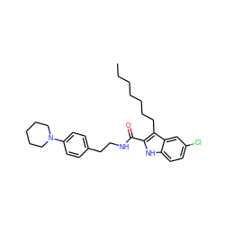 CCCCCCCc1c(C(=O)NCCc2ccc(N3CCCCC3)cc2)[nH]c2ccc(Cl)cc12 ZINC000096933912