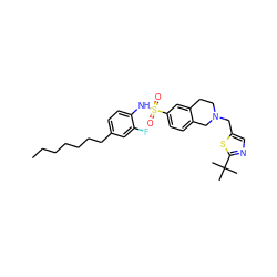 CCCCCCCc1ccc(NS(=O)(=O)c2ccc3c(c2)CCN(Cc2cnc(C(C)(C)C)s2)C3)c(F)c1 ZINC000220167943