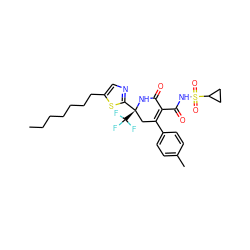 CCCCCCCc1cnc([C@@]2(C(F)(F)F)CC(c3ccc(C)cc3)=C(C(=O)NS(=O)(=O)C3CC3)C(=O)N2)s1 ZINC001772617231