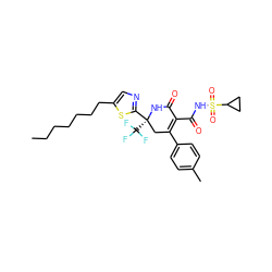 CCCCCCCc1cnc([C@]2(C(F)(F)F)CC(c3ccc(C)cc3)=C(C(=O)NS(=O)(=O)C3CC3)C(=O)N2)s1 ZINC001772612524