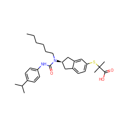 CCCCCCN(C(=O)Nc1ccc(C(C)C)cc1)[C@@H]1Cc2ccc(SC(C)(C)C(=O)O)cc2C1 ZINC000028972080