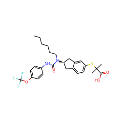 CCCCCCN(C(=O)Nc1ccc(OC(F)(F)F)cc1)[C@@H]1Cc2ccc(SC(C)(C)C(=O)O)cc2C1 ZINC000028972070