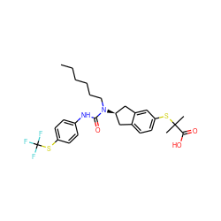 CCCCCCN(C(=O)Nc1ccc(SC(F)(F)F)cc1)[C@@H]1Cc2ccc(SC(C)(C)C(=O)O)cc2C1 ZINC000028972086