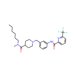 CCCCCCN(C)C(=O)C1CCN(Cc2cccc(NC(=O)c3cccc(C(F)(F)F)n3)c2)CC1 ZINC001772653376