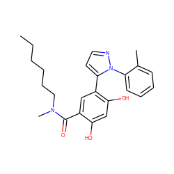 CCCCCCN(C)C(=O)c1cc(-c2ccnn2-c2ccccc2C)c(O)cc1O ZINC001772604704