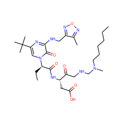 CCCCCCN(C)CNCC(=O)[C@H](CC(=O)O)NC(=O)[C@@H](CC)n1cc(C(C)(C)C)nc(NCc2nonc2C)c1=O ZINC000028135595