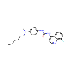 CCCCCCN(C)c1ccc(NC(=O)Nc2ccnc3c(F)cccc23)cc1 ZINC000071341826