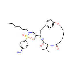 CCCCCCN(C[C@@H](O)[C@@H]1Cc2ccc(cc2)OCCCCCC(=O)N[C@@H](C(C)C)C(=O)N1)S(=O)(=O)c1ccc(N)cc1 ZINC000029394005